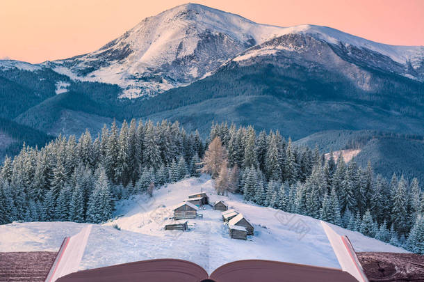 小型高山山村在冬天的书页上打开一本神奇的书。雄伟的风景。自然与教育理念.