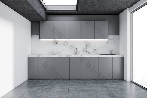 现代厨房角落与<strong>白色墙壁</strong>, 混凝土地板和灰色台面。3d 渲染, 模拟