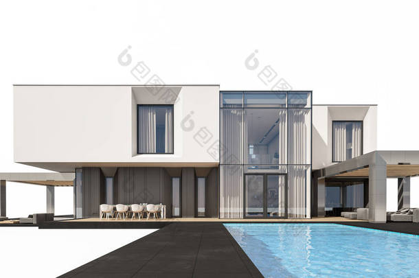 3d. 在<strong>河边</strong>用车库出售或出租现代舒适的房子。在白色上隔离.