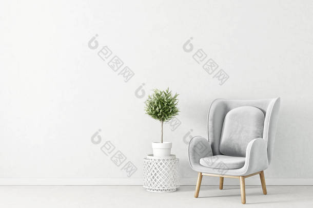 现代客厅用灰色扶手椅和灯, 斯堪的纳维亚室内设计家具