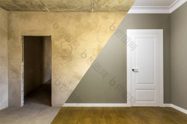 装修前后公寓房间的比较。新的房子内部有贴满油漆的<strong>墙</strong>壁, 白色的门和木橡木地板。<strong>房地产</strong>开发理念.