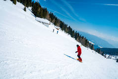 滑雪板沿着奥地利阿尔卑斯山的山坡穿过森林、山坡和滑雪跑道。滑雪, 阿尔卑斯山滑雪.