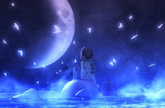 女孩坐在户外与她的猫在星光灿烂的夜晚幻想 sky,3d 插图概念背景 