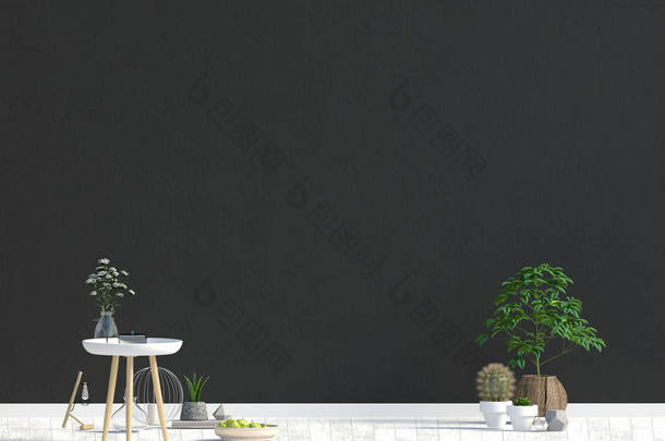 北欧风格的现代室内设计与咖啡桌。模拟墙。3d 插图.