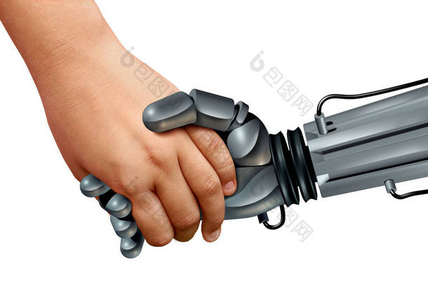 机器人和儿童或人工智能教育机器人作为一个孩子握着一个机器人的手与3d 渲染元素.