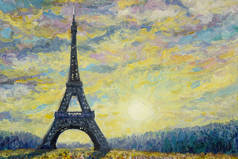 巴黎欧洲城市著名的世界地标。法国埃菲尔铁塔和太阳, 菊花花多色的花园, 与春季季节, 复古风格。抽象油画插图, 复制空间
