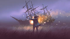 一个人的夜风光在田野里站在看沉船, 数字艺术风格, 插图画