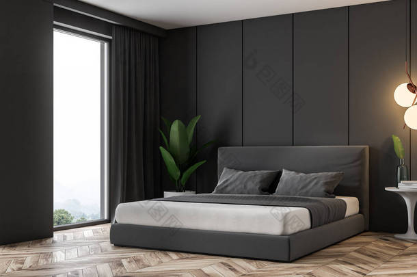 豪华阁楼卧室的一角, 带有灰色的面板墙, 一层木<strong>地</strong>板和一张带灰色盖子的双人床。3d 渲染复制空间
