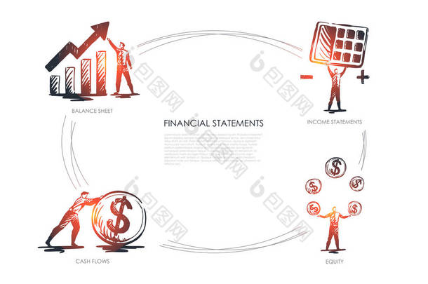 财务 statemens, 收入报表, equiti, 现金流量, 资产负债表