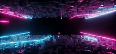现代高科技科幻未来黑夜幻想城市与蓝色和紫色发光线所有和空的中间空间壁纸技术概念3d 渲染插图