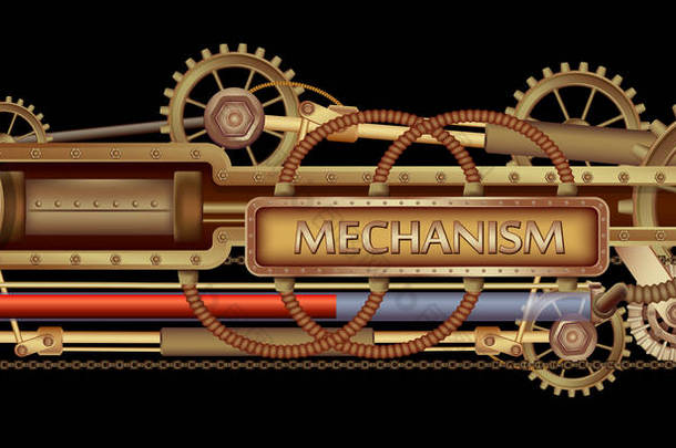 机械横幅装饰与黄铜齿轮, 喷嘴和铆钉在黑色蒸汽朋克背景.