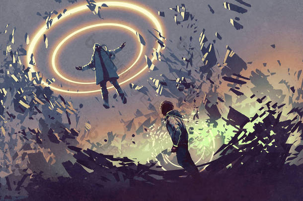 科幻场景显示两个未来的男子与魔法, 数字艺术风格, 插图绘画的战斗