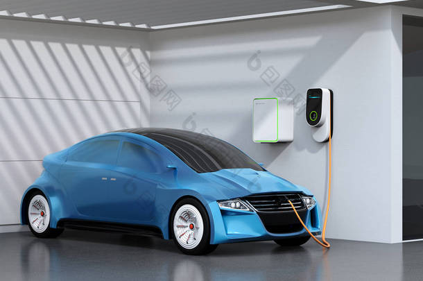蓝色电动车在车库充电。3d 渲染图像.