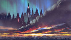 日落风景黑暗的城堡在黑云在城市之上, 数字艺术样式, 例证绘画