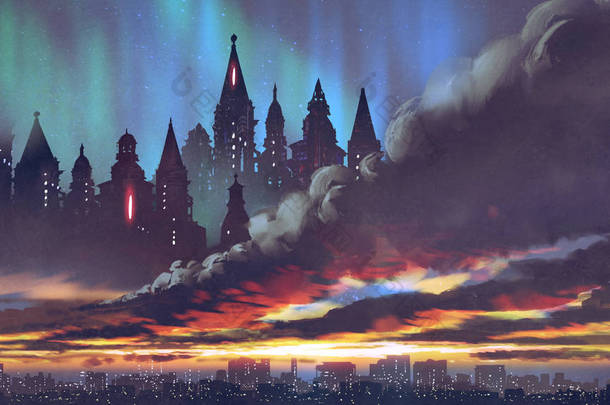 日落风景黑暗的城堡在黑云在城市之上, 数字艺术样式, 例证绘画