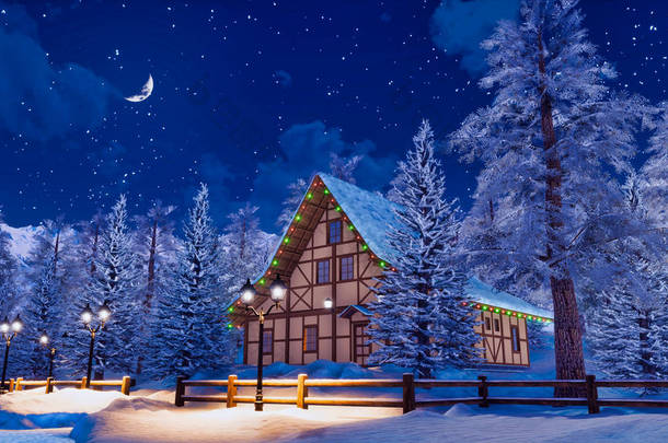 梦幻般的冬季景观与舒适的雪界半木结构的农村房子之间的雪覆盖冷杉树高在高山在宁静的星夜。3d 插图从我自己的3d 渲染文件.