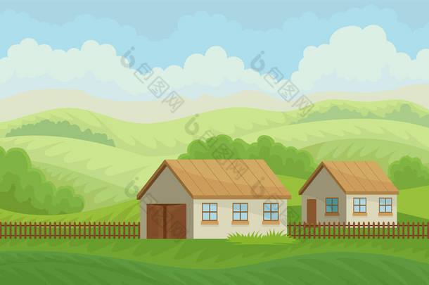 夏天农村风景与村庄房子和栅栏, 草甸与绿草, 农业和农业媒介例证在白色背景