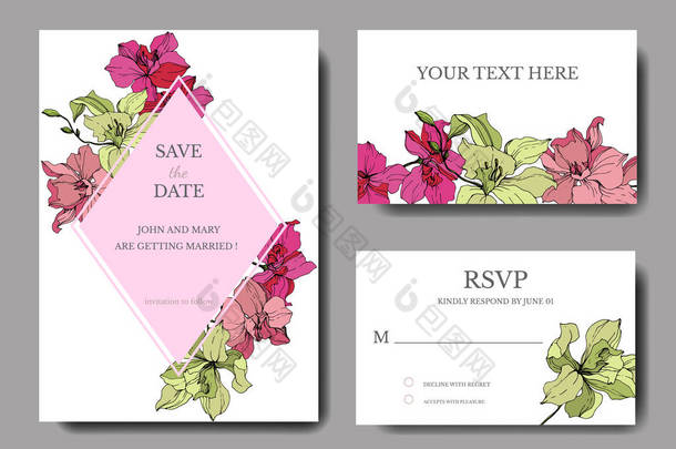 美丽的兰花刻有水墨艺术。带有花卉装饰边框的婚礼卡片。谢谢你, rsvp, 邀请优雅的卡片插图图形集.