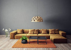 现代起居室, 配有黄色的沙发和台灯。斯堪的纳维亚室内设计家具。3d 渲染插图