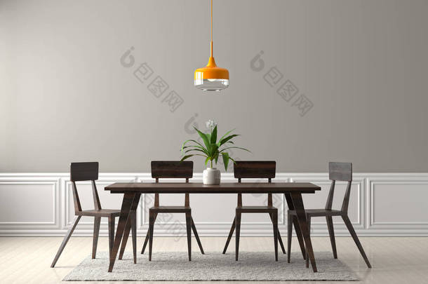 宽敞的用餐室配有木制桌椅。3d 插图