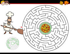 动画片插图教育迷宫或迷宫活动游戏的孩子与厨师和比萨饼
