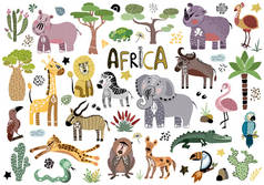 收集五颜六色的非洲野生动物, 仙人掌, 植物和鸟在白色背景