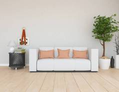提出了在沙发、植物和木地板上的斯堪的纳维亚客厅内部的想法。家北欧内饰。3d 插图 