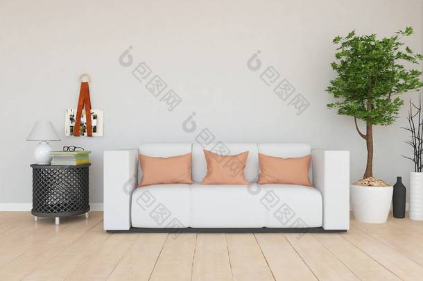 提出了在沙发、植物和木<strong>地</strong>板上的斯堪的纳维亚客厅内部的想法。家北欧内饰。3d 插图 