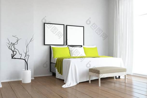 一个白色的斯堪的纳维亚客厅内部的想法, 床和木<strong>地</strong>板。家北欧内饰。3d 插图 