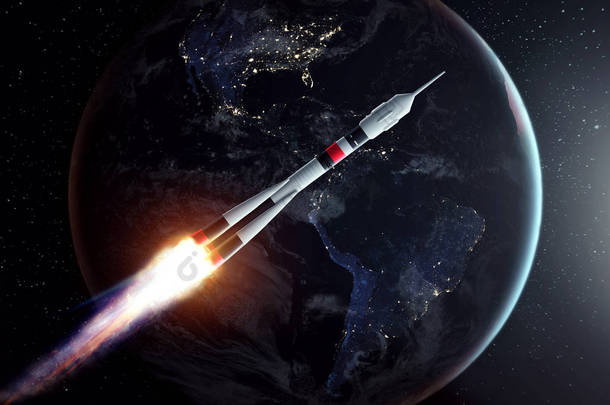 <strong>火箭</strong>在<strong>地球</strong>的背景下在太空飞行。太空探索、卫星发射、登月、免费互联网的概念。美国宇航局提供的这张图片的元素.