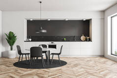 现代厨房的内部, 白色和灰色的墙壁, 木地板, 白色的台面与内置的炊具和白色圆桌与灰色椅子站在圆形地毯上。3d 渲染