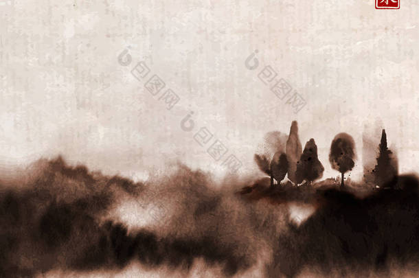 森林树在雾和大红色太阳手画用墨水在米纸背景。传统东方<strong>水墨</strong>画-e、u-罪孽、去华
