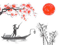 日本传统的相扑绘画。富士山，樱花，日落。日本阳光。印度墨水插图。日本图片.