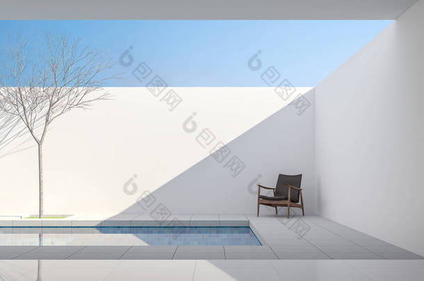 最小的白色风格的泳池别墅3d 渲染, 从客厅到泳池露台的看法, 有灰色瓷砖地板, 装饰与深棕色皮革椅子, 明亮的阳光照进里面.