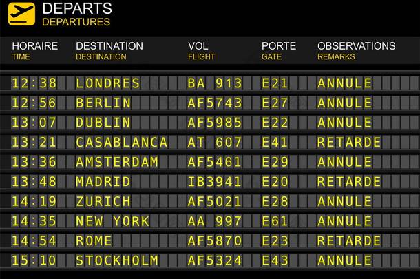 航班出发板例证。取消和延误的航班。法语语言