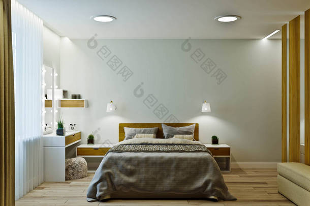 现代卧室内部在温暖的颜色与木镶板.