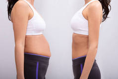 前后的观点之前和之后显示脂肪苗条的女人在灰色背景