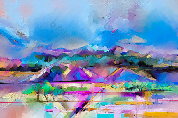 摘要油画<strong>风景画</strong>.五彩斑斓的蓝紫色天空.油画在帆布上的户外.半抽象树，田野，草地。抽象景观的本质，当代背景艺术