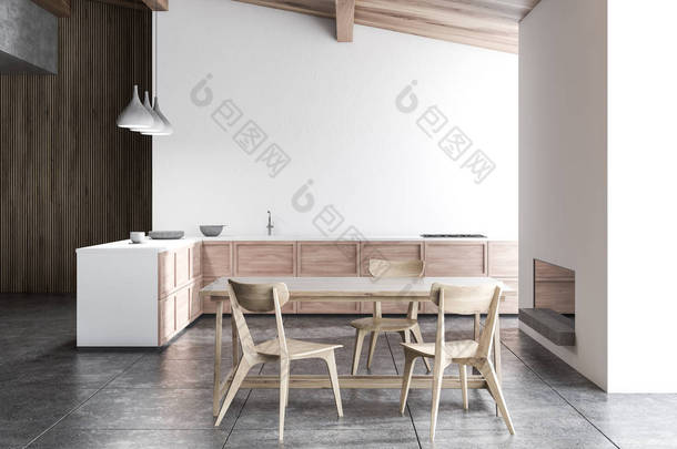 厨房的内部有白色和木制的墙壁, 瓷砖地板, 木制台面与烤箱和水槽, 木制桌子与椅子和壁炉。3d 渲染