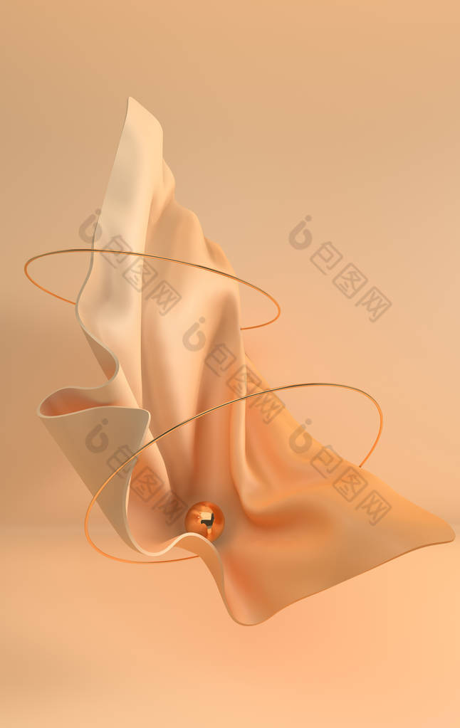 豪华柔软的纺织面料在运动与金戒指和球体3d 渲染。抽象现代柔和彩色3d 背景