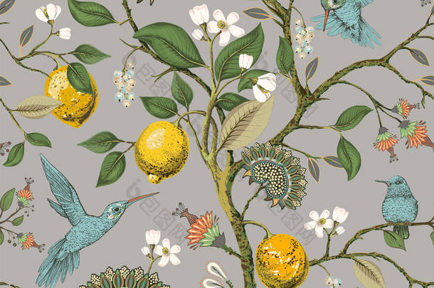 花卉载体无缝模式。植物壁纸。植物, 鸟花的背景。绘制自然复古壁纸。柠檬, 花, <strong>蜂鸟</strong>, 盛开的花园。面料、纺织品、纸张的设计