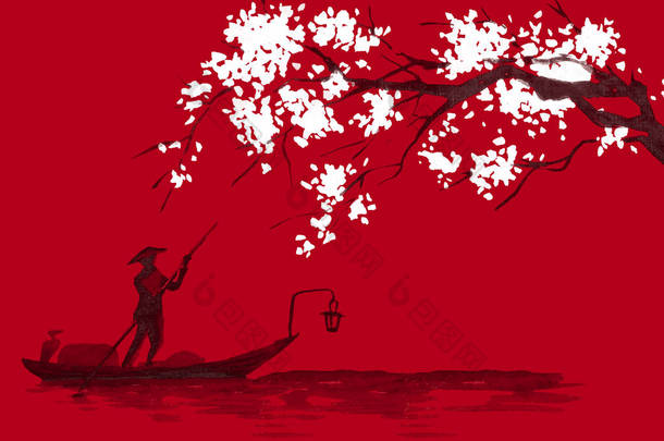 日本传统的相美画。水彩和水墨插图的风格 sumi-e, u-sin。富士山、樱花、日落。日本太阳。印第安墨水例证。日本图片, 红色背景.