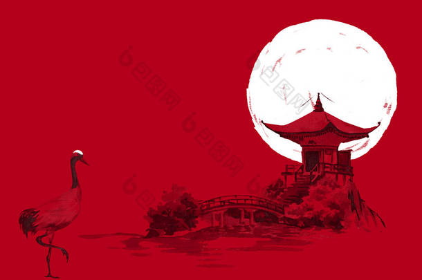 日本传统的相美画。水彩和<strong>水墨</strong>插图的<strong>风</strong>格 sumi-e, u-sin。富士山、樱花、日落。日本太阳。印第安墨水例证。日本图片, 红色背景.