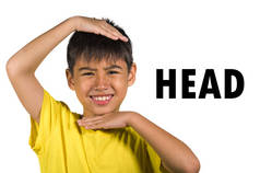 英语学习卡与8岁的孩子标记他的头与他的手被隔离在白色背景作为学校卡片集合身体和面孔部分的一部分在教育和习语课