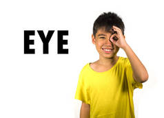 英语学习卡与8岁的孩子的肖像指着他的眼睛孤立在白色背景作为学校卡的一部分, 身体和面部的一部分, 在教育和习语课