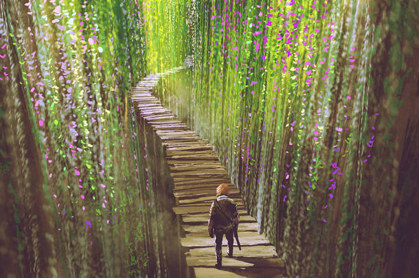 骑士走在木结构的桥梁, 周围的<strong>绿色藤蔓</strong>和鲜花, 数字艺术风格, 插图绘画