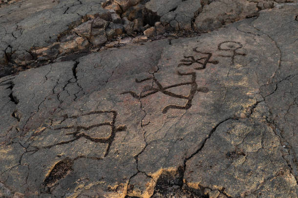 夏威夷大岛科纳附近的国王小道 (Mamalahoa) 上的怀科洛亚场的石油象形文字。雕刻成火山岩, 这些雕刻最早的一个多世纪. 