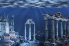 亚特兰蒂斯文明废墟的例证。水下遗址