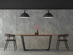 现代阁楼餐厅3d 渲染, 有抛光混凝土墙和地板, 装饰与黑色钢和木制家具, 装饰与工业风格的灯.