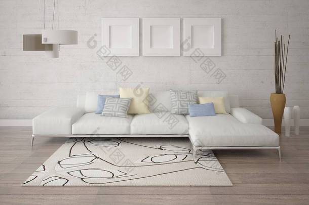 模拟宽敞的客厅, 配有时尚的角落沙发和明亮的嬉皮士背景.